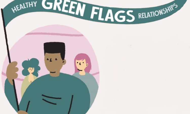 Graphic of people holding a green flag, for healthy relationships